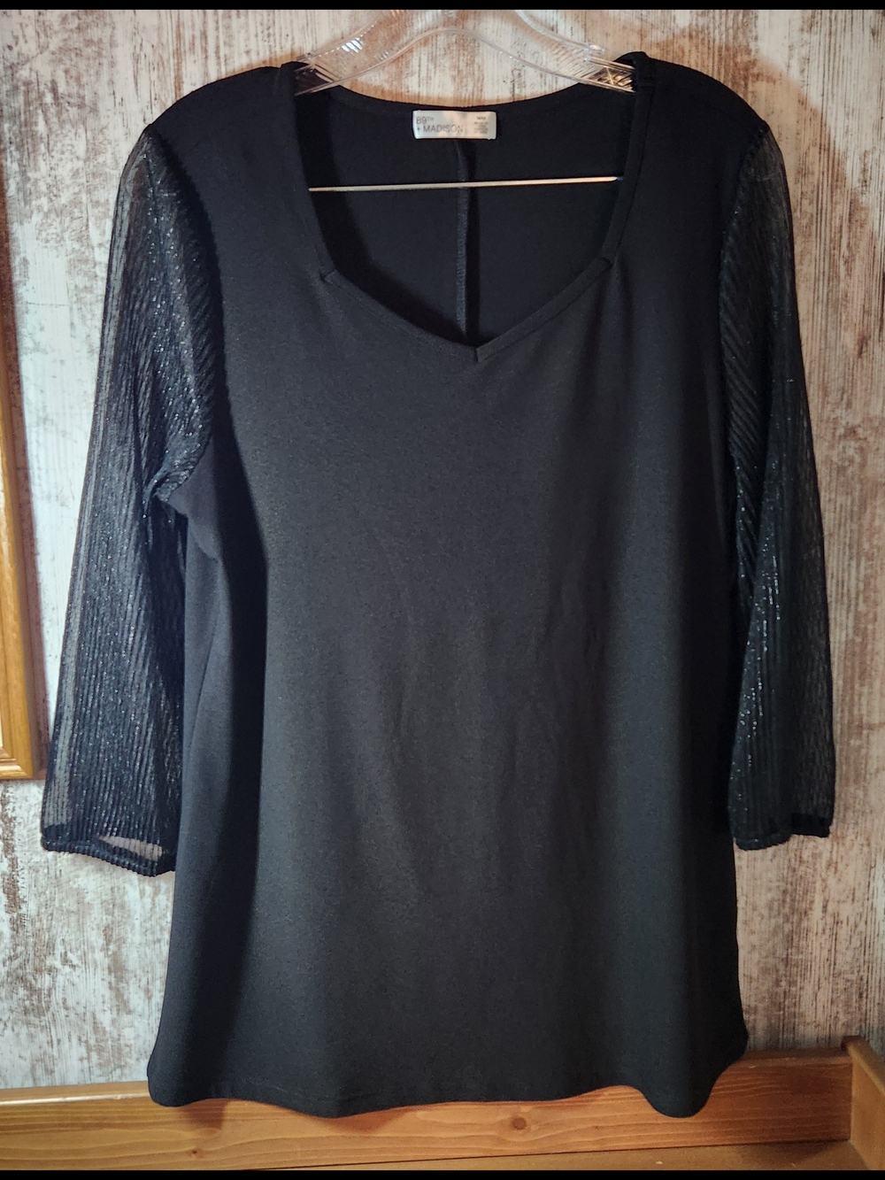 89th & Madison Black V‑Neck Tunic with Sheer Metallic Sleeves